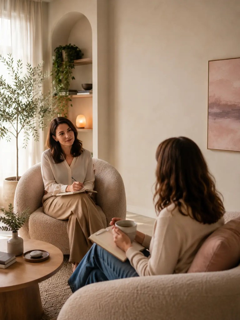 Therapist supporting adult client during trauma-informed childhood trauma therapy session in a calm Melbourne psychology clinic