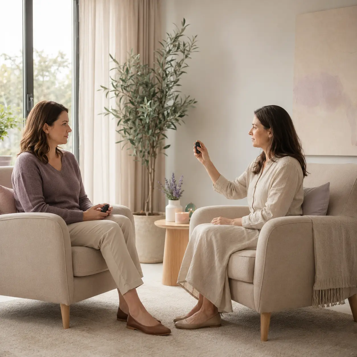 Adult client receiving EMDR therapy for work-related trauma with a psychologist in a calm psychology clinic. %%BPC_WORKCOVER_EMDR_IMAGE_ALT%%