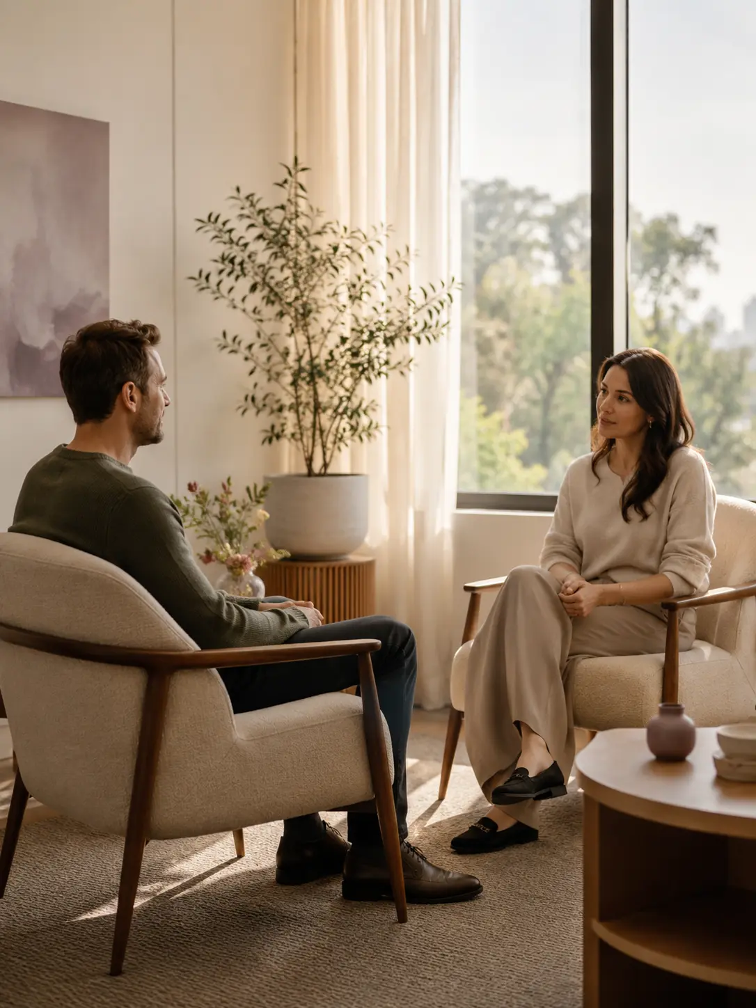 Adult client discussing workplace trauma, PTSD symptoms and anxiety with a psychologist in a calm Melbourne therapy room. %%BPC_WORKCOVER_TRAUMA_IMAGE_ALT%%